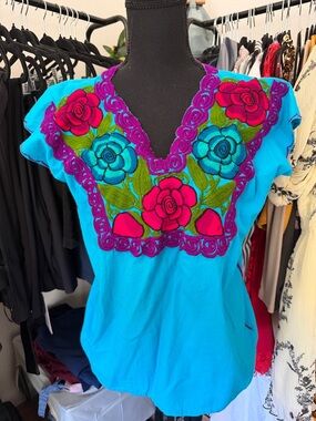 Hand-Embroidered Mexican Floral V-Neck Blouse -